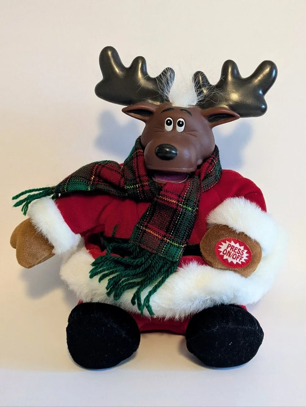 Holiday Moose Plush with Red Coat and Plaid Scarf
